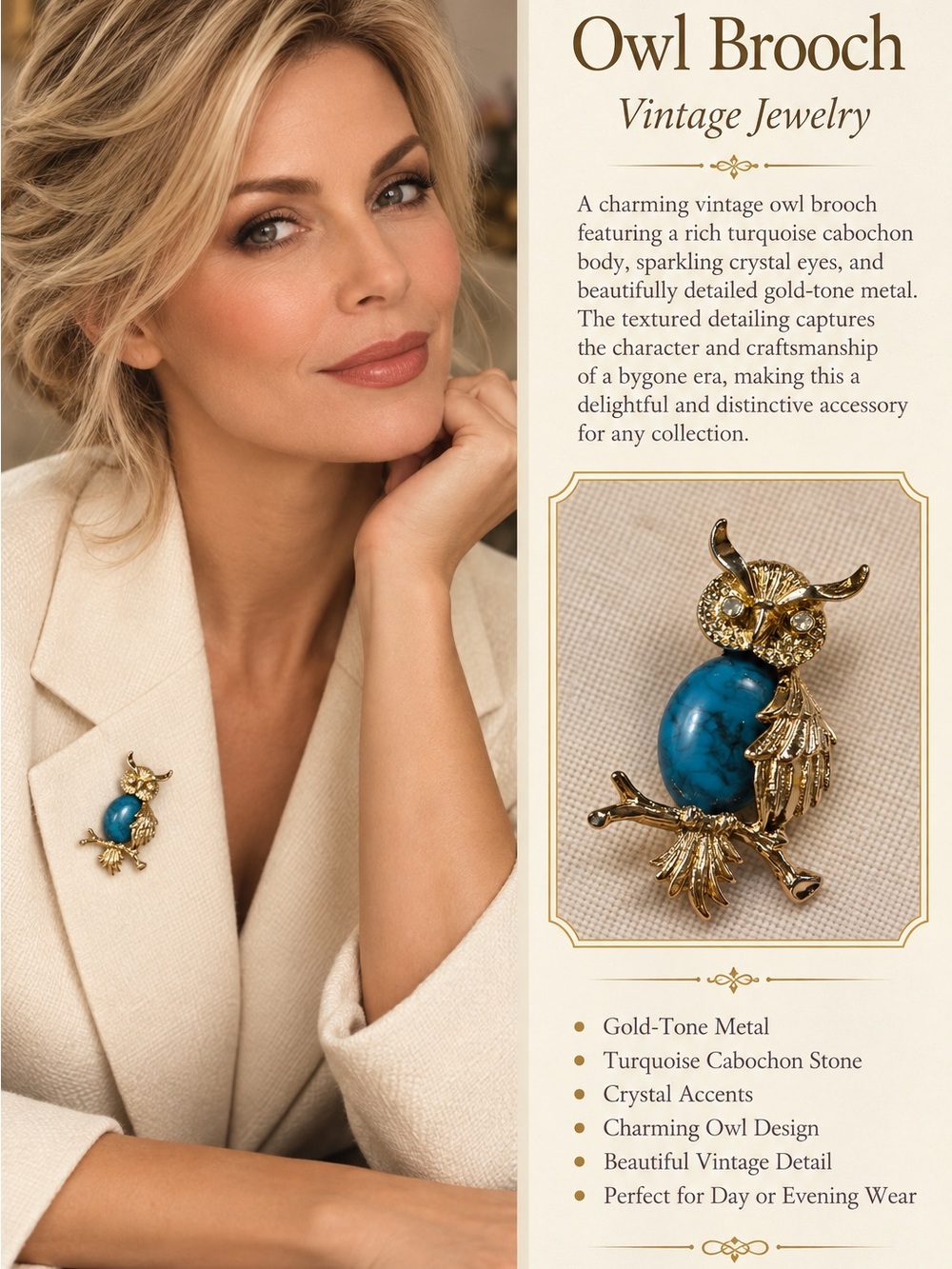 Gold-Tone Owl Brooch with Turquoise Cabochon - Women’s Jewelry